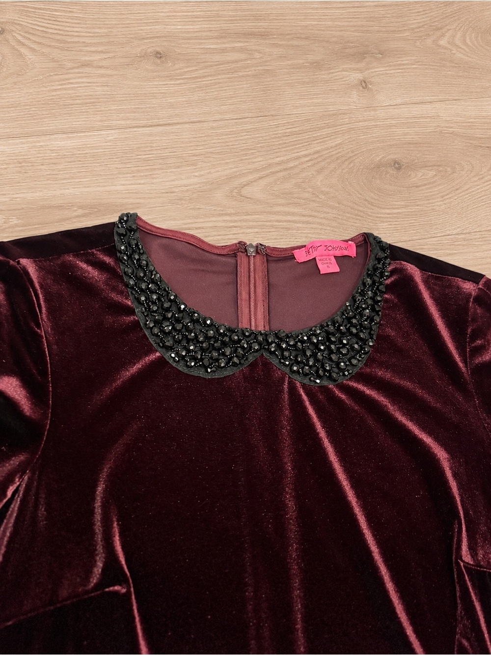 Betsey Johnson NWT Burgundy Velvet Dress Size 6 Beaded Peter Pan Collar Holiday